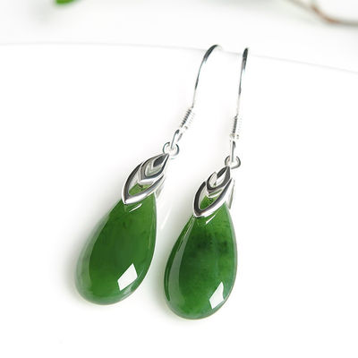 925 Sterling Silver Design Green Nephrite Jade Drop Earrings with Custom Logo Sublimation Printing (Зелёный нефритовый нефритовый нефритовый нефритовый серебряный серьги с сублиматической печатью логотипа)