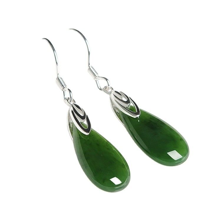 925 Sterling Silver Design Green Nephrite Jade Drop Earrings with Custom Logo Sublimation Printing (Зелёный нефритовый нефритовый нефритовый нефритовый серебряный серьги с сублиматической печатью логотипа)